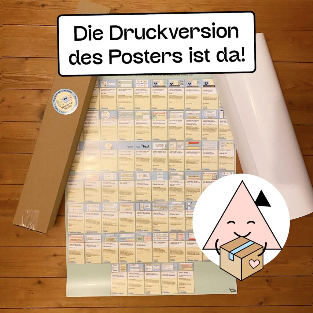 Ein WCAG-Poster liegt auf dem Boden, daneben ein Poster zusammengerollt und ein Versandkarton.