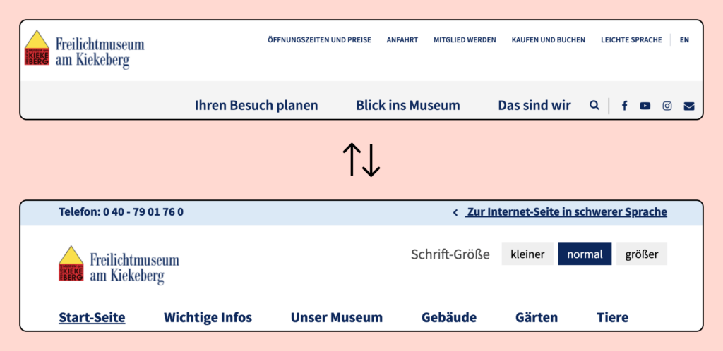 Screenshots der Kopfzeile des Freilichtmuseums Kiekeberg. Beim wechsel auf Leichte Sprache ändert sich das Template.