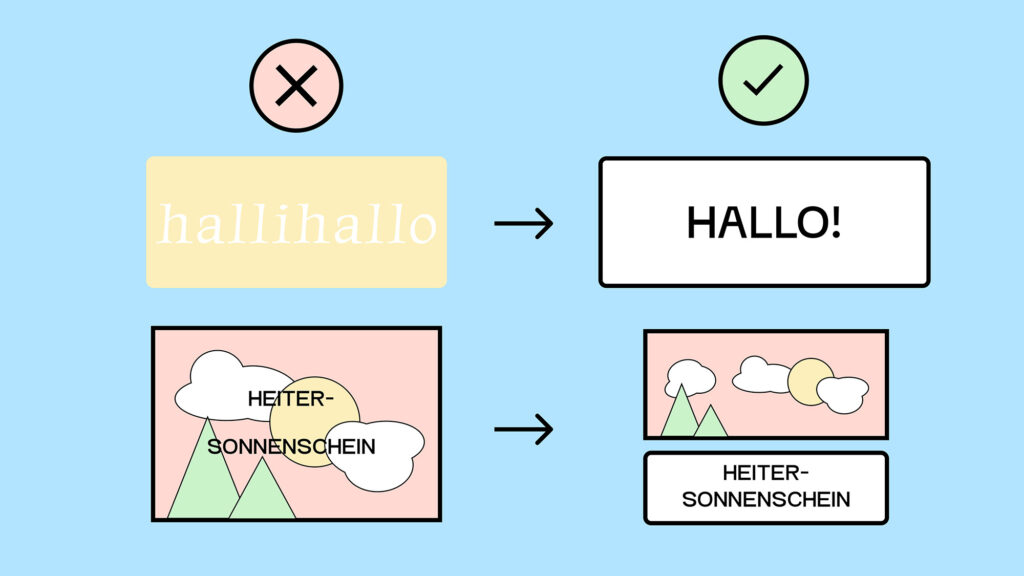 Eine Grafik die zeigt, wie man deutlich darstellt. Links sieht man einen hellgelben Kasten mit weißer Schrift darin, die sich kaum abhebt. Rechts sieht man einen weißen Kasten mit schwarzer Schrift und einem schwarzen Rahmen. die Kontraste sind stark genug, um sich abzuheben.
Darunter links sieht man eine Illustration von einer Landschaft mit zwei Hügeln, einer Sonne und Wolken. In die Grafik ist ein unleserlicher Text integriert. Rechts davon wurde die Landschaft und der Text einzeln gesetzt. So kann man lesen, dass unter der Landschaft nun Heitersonnenschein steht.