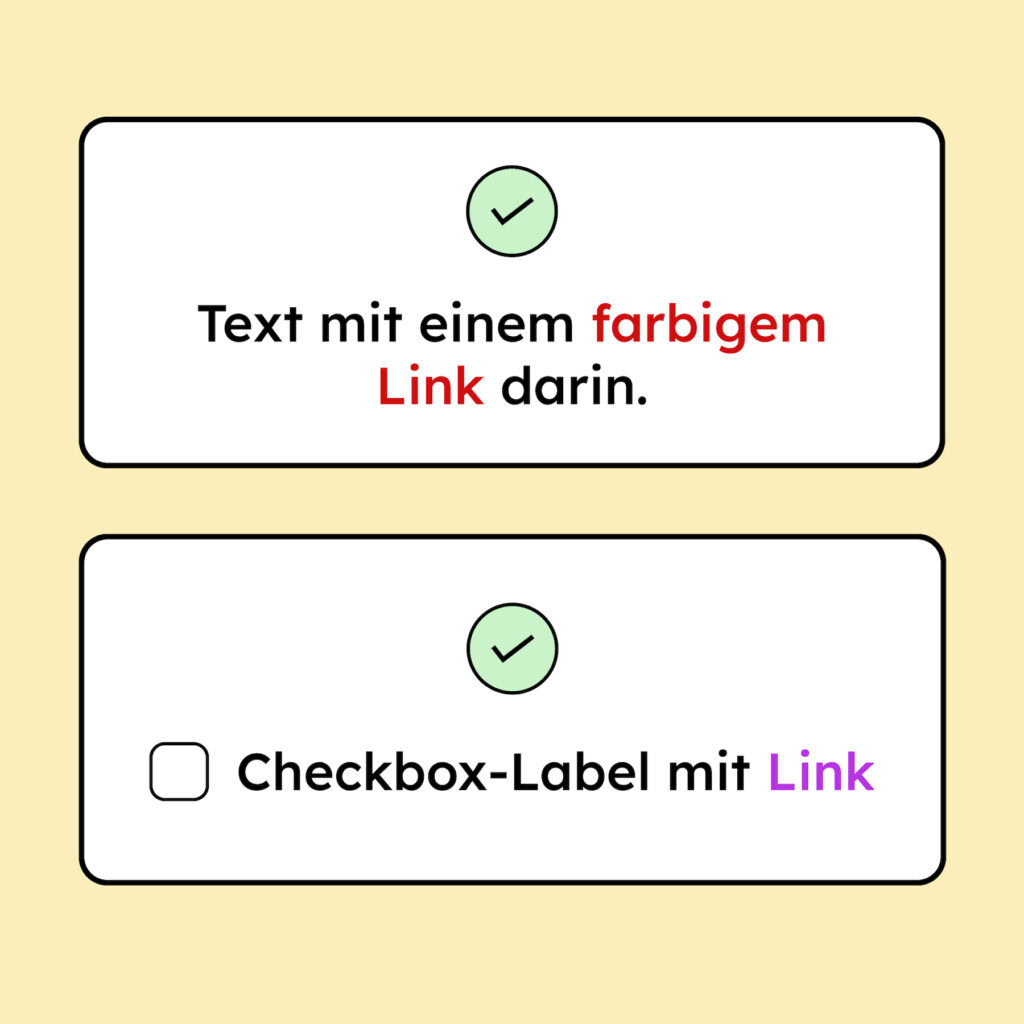 Zwei Beispiele von Linktexten in Fließtext und als Checkbox-Label mit richtigem Kontrast.