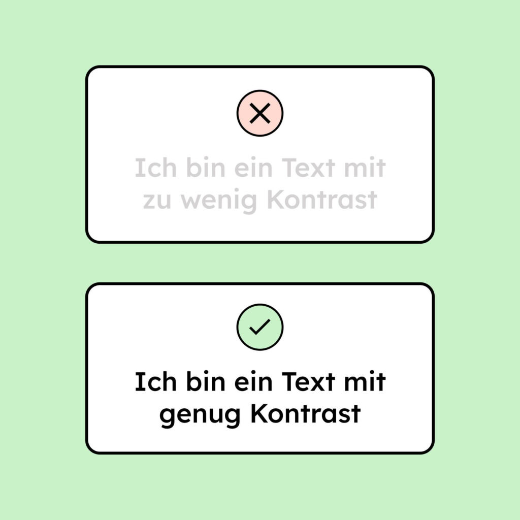 Ein Vergleich von zwei Texten. Der Erste ist hellgrau und der Kontrast stimmt nicht. Der Zweite ist schwarz, da stimmt der Kontrast.