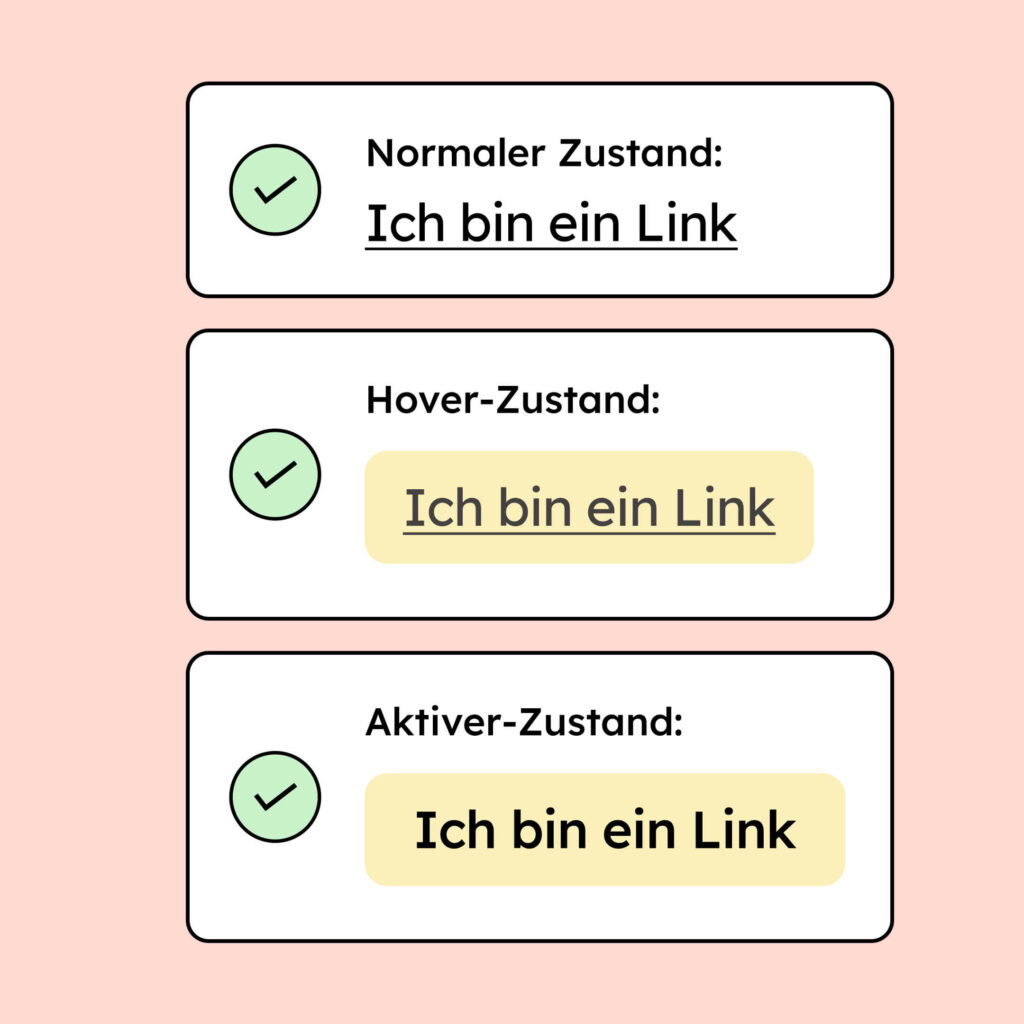 Links in unterschiedlichen Zuständen. Im normalen Zustand, im Hover und im aktiven Zustand.