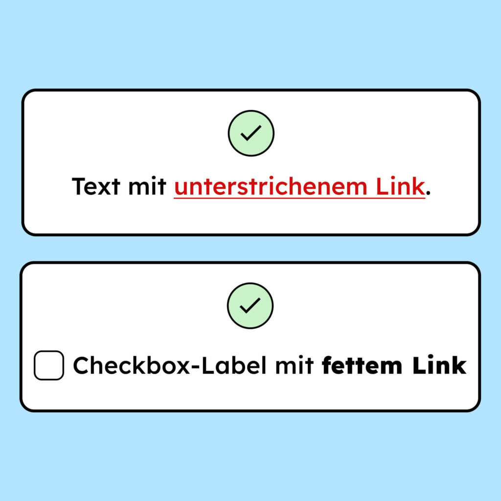 Zwei Links in Texten. Ein mal ist der Link unterstrichen und das andere Mal gefettet dargestellt.