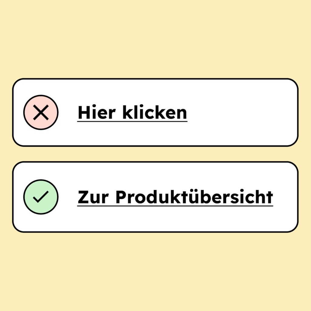 Ein Fehler-Symbol mit einem Link rechts daneben der heißt „Hier klicken“. Darunter ein Bestätigungs-Symbol mit einem Link rechts daneben der heißt „zur Produktübersicht“.