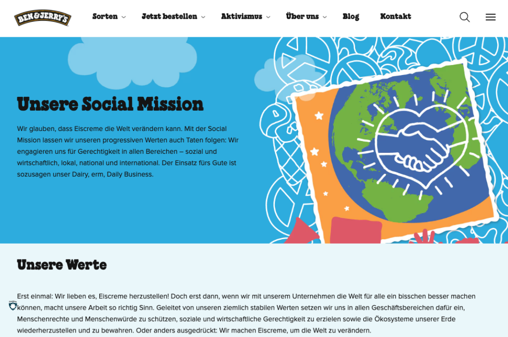 Ein Screenshot der Website von Ben and Jerry's, ein Unternehmen, dass sich für soziale Teilhabe einsetzt. Auf ihrer Seite schreiben sie über ihre soziale Mission und ihre Werte.