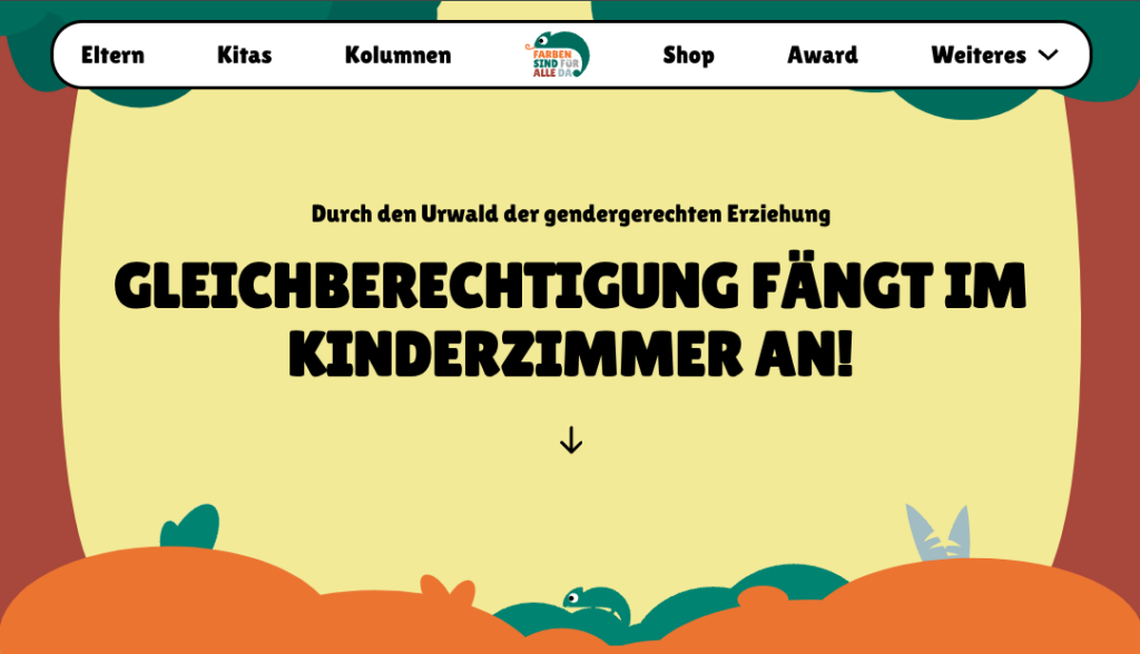 Die Website der Initiative Farben sind für alle da ist barrierefrei trotz eines verspielten, bunten Designs. Hier sieht man einen Screenshot der Urwaldszenerie auf der Seite.