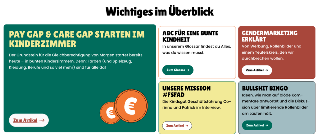 Ein Screenshot der Website Farben sind für alle da. Er zeigt, dass auf hellen Karten dunkle Schrift ist und auf dunklen Karten helle Schrift. Das sichert die. richtigen Kontraste und hilft beim Lesen.