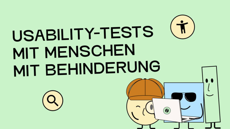Unsere Maskottchen stehen um einen Laptop und starren gespannt auf den Bildschirm während sie eine Webseite testen.