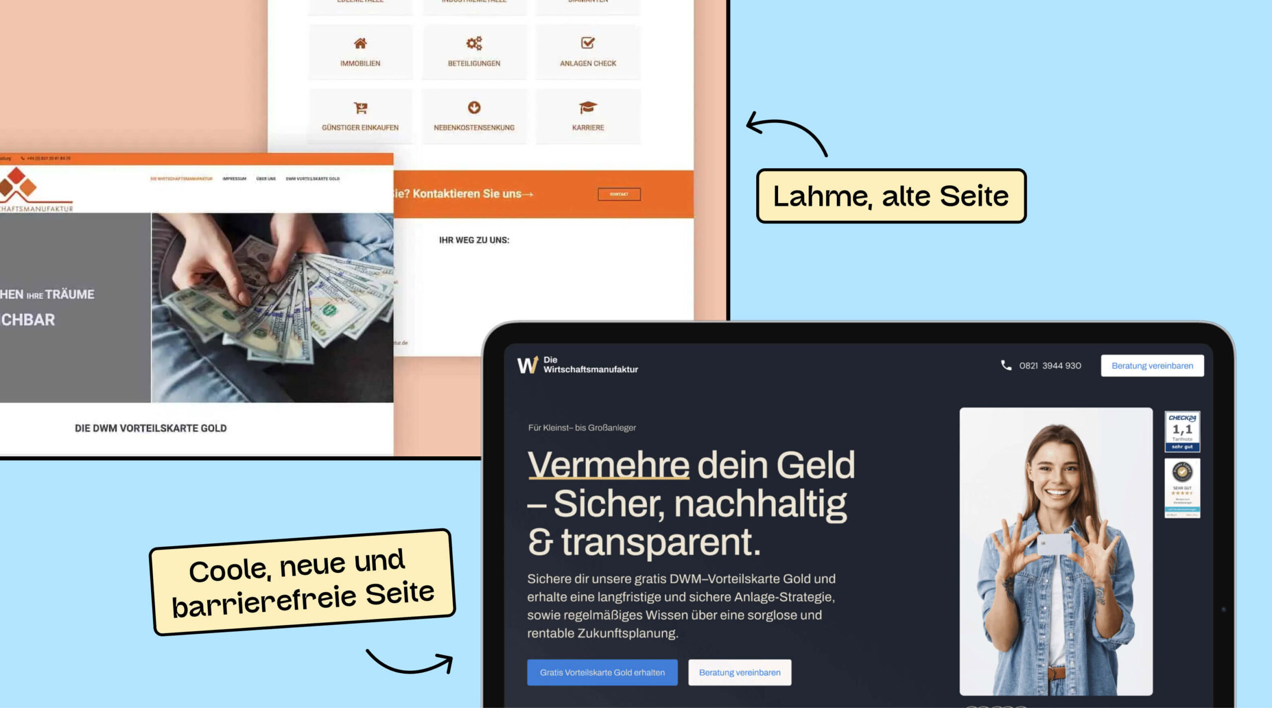 Vergleich der Webseite der Wirtschaftsmanufaktur. Zuerst sieht man ein sehr altes und simples Layout. Daneben ein lebendiges, modernes Layout.