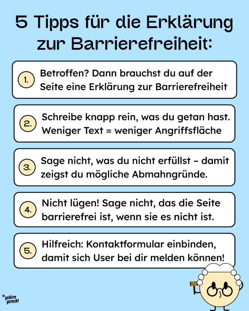 Visuelle Darstellung der 5 Tipps zur Erklärung zur Barrierefreiheit, die im Text darüber stehen.