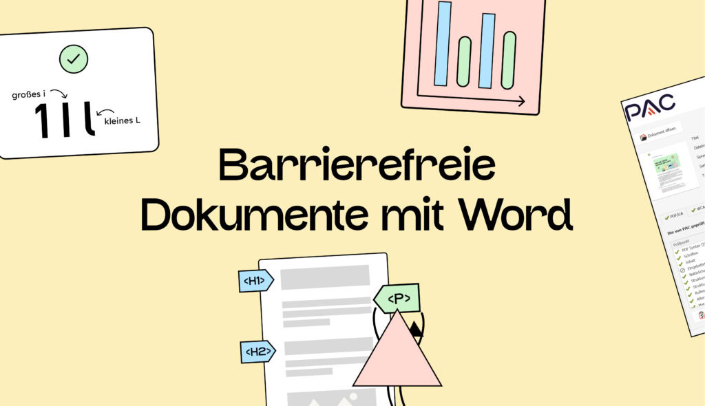 kleine Comicfigur klebt Etiketten an ein Dokument. Am Rande barrierefreie Elemente aus Dokumenten und ein Testtool