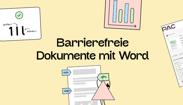 kleine Comicfigur klebt Etiketten an ein Dokument. Am Rande barrierefreie Elemente aus Dokumenten und ein Testtool