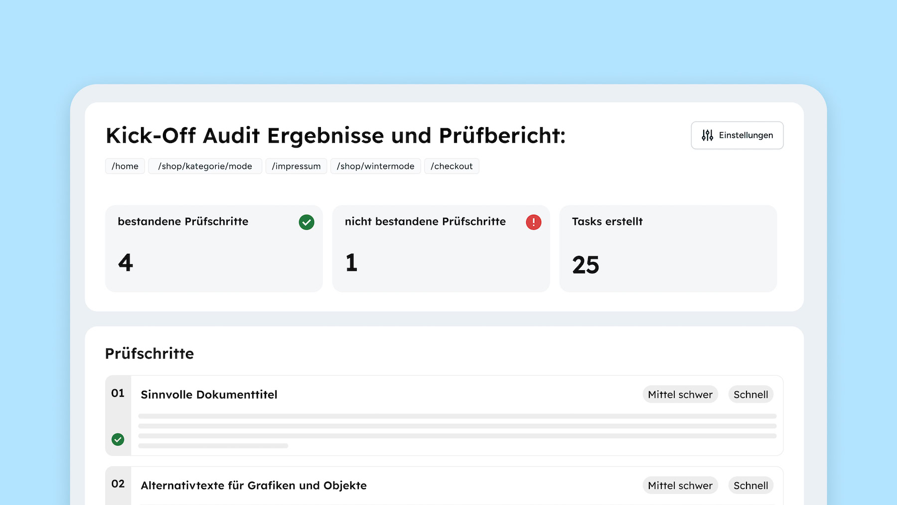 Screenshot des oberen Teil eines Prüfberichts, auf dem die Anzahl der Fehler steht.