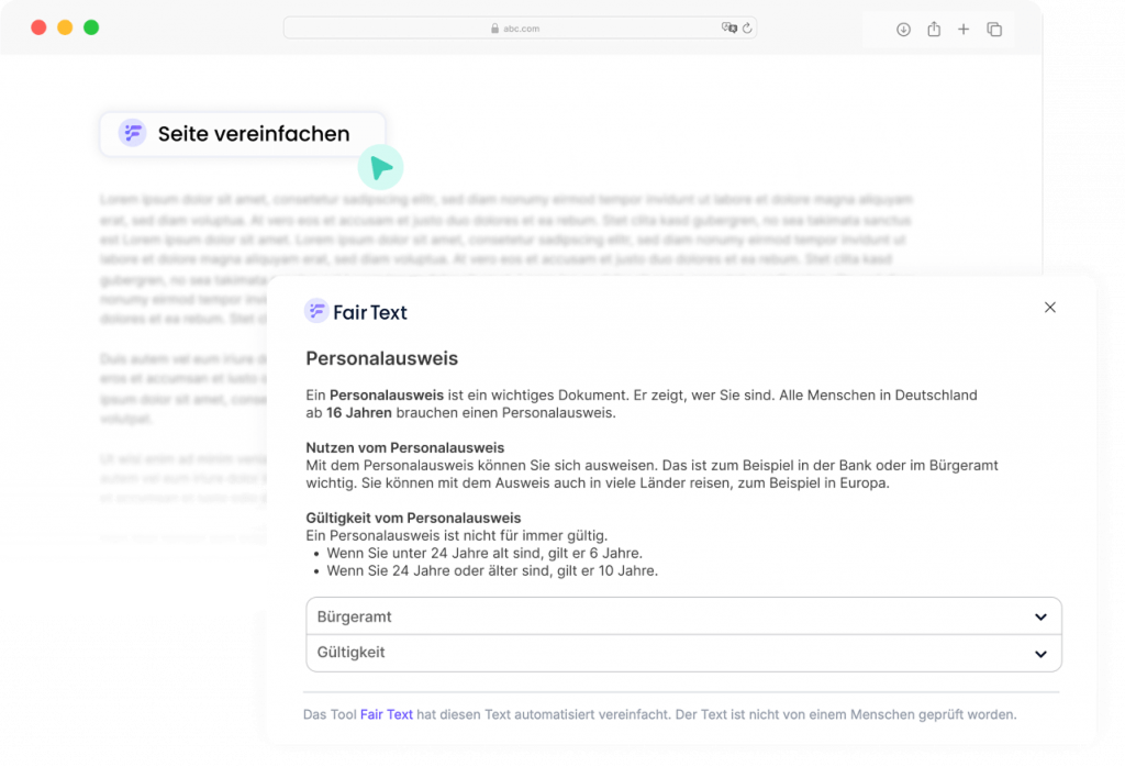 Screenshot der Plug and Play Lösung von Fair Text. Ein Dialog öffnet sich über den Inhalt einer Website.