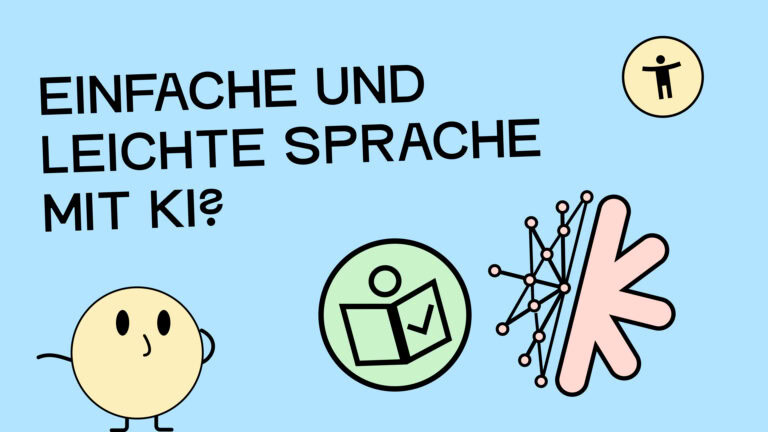Eine runde Comicfigur kratzt sich fragend am Kopf. Sie blickt auf eine Grafik, die eine KI Vernetzung dastellt und das Symbol für Leichte Sprache.