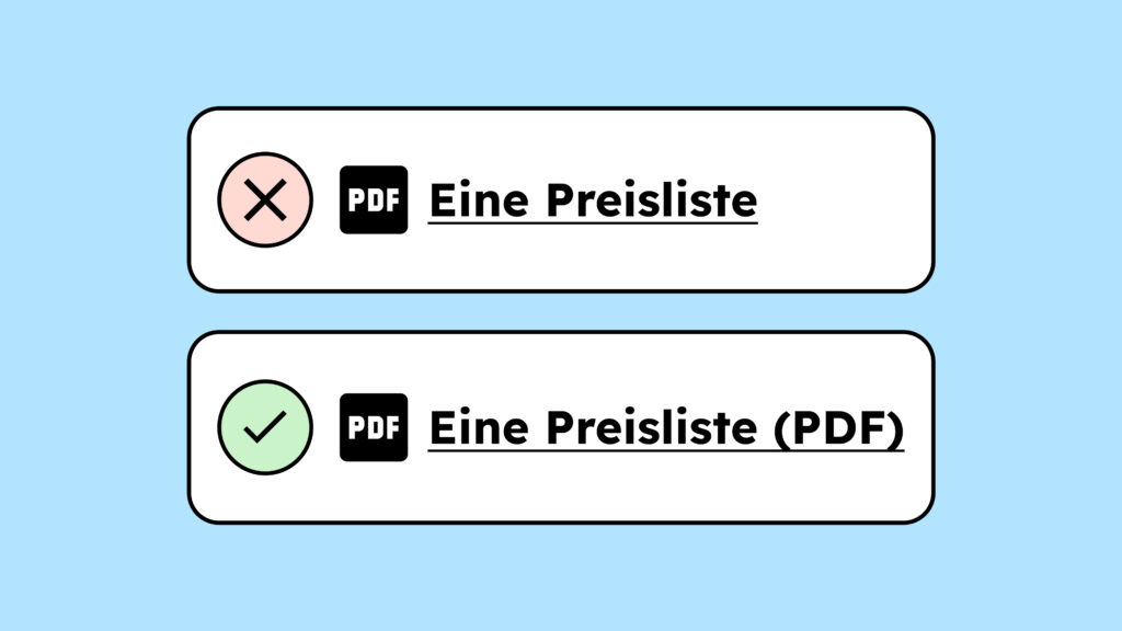 Fehler-Symbol und ein Link mit einem PDF-Icon, darunter ein Bestätigungs-Symbol und ein Link mit einem Icon, dieser Link hat die Ergänzung PDF dabei stehen.