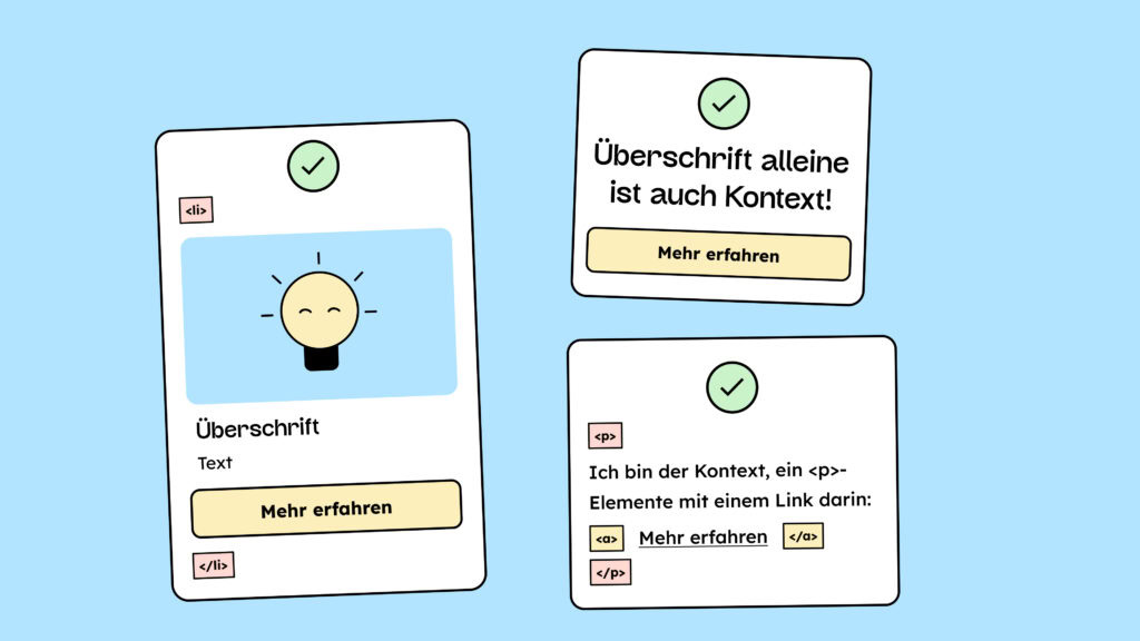 Hier sind drei Beispiele abgebildet, wie ein Link im Kontext auch ohne aussagekräftigen Titel genutzt werden darf. Ein Link als Teil einer Liste, ein Link, der unter einer Überschrift steht und ein Link als Teil eines Paragraphen der den nötigen Kontext liefert.