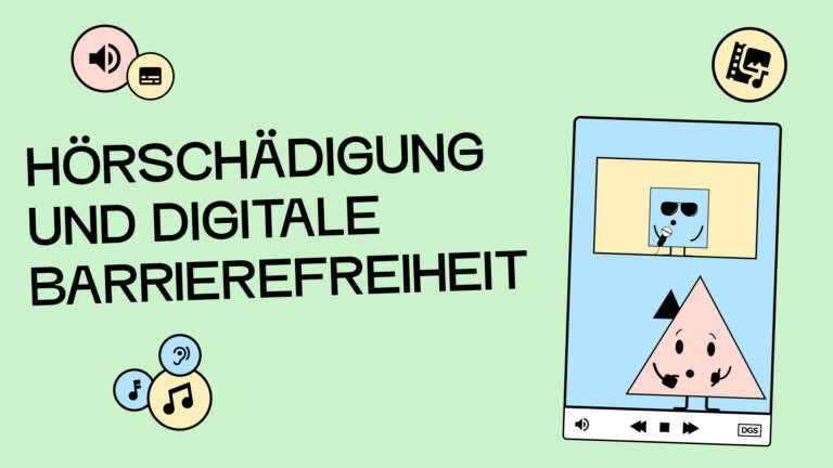 Ein Videoplayer in dem Ein Video abgespielt wird, dazu ein rotes Dreieck mit Hörgerät, dass Gebärdet.