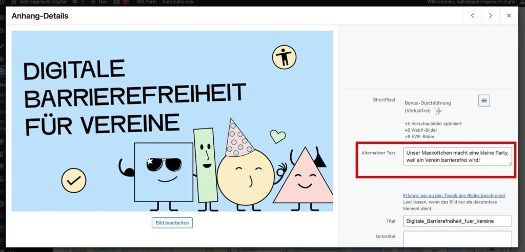 Screenshot vom Eingabefeld für Alt-Text in der WorPress-Mediathek
