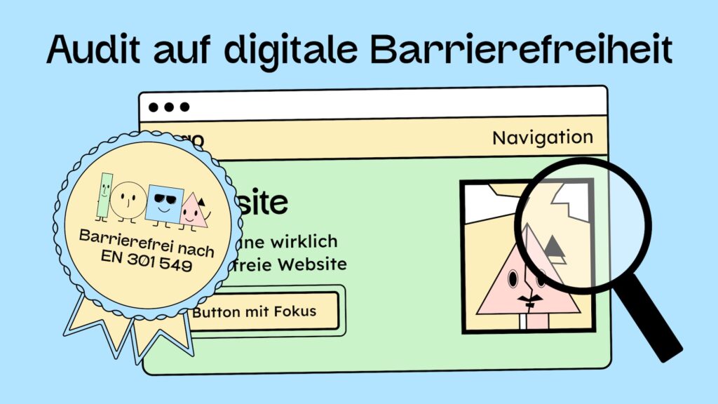Illustration einer Website mit einer Lupe und einem Siegel, dass sie auf EN 301549 geprüft wurde.