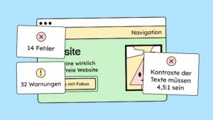 14 Fehler und 15 Warnungen wurden dokumentiert. Ein Fehler kann lauten: Kontraste der Texte müssen 4,5:1 sein.