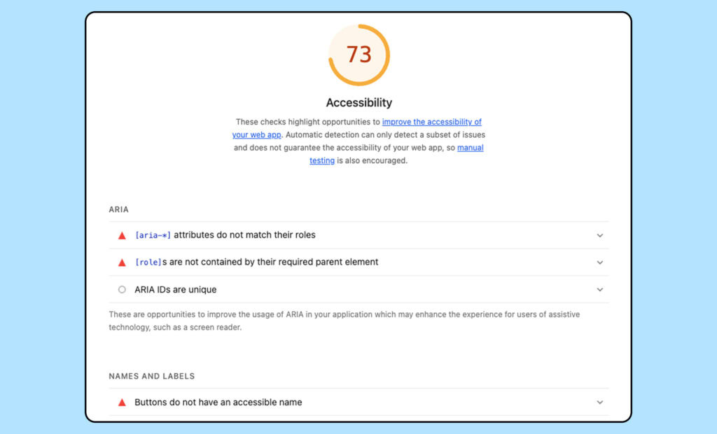 Screenshot Lighthouse Testergebnisse mit einem Accessibility-Score von 73%.