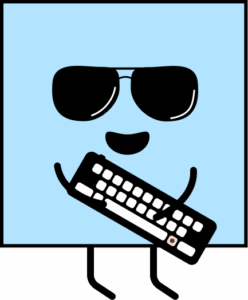Ein lachendes blaues Viereck mit Sonnenbrille und Tastatur in den Händen