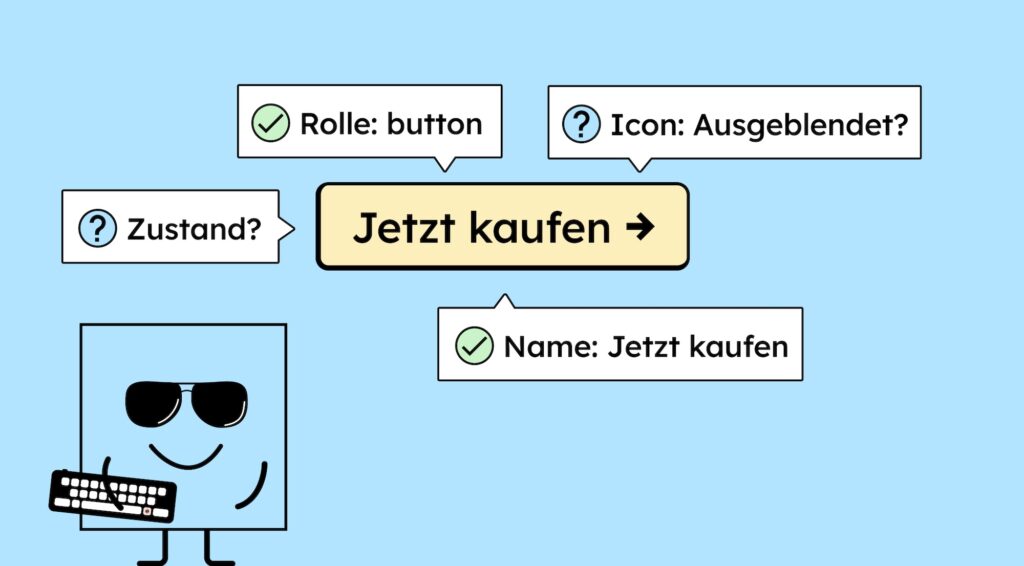 Ein Button auf dem Kaufen steht, mit Informationen aus dem Accessibility-Tree, die ein Entwickler wissen muss.