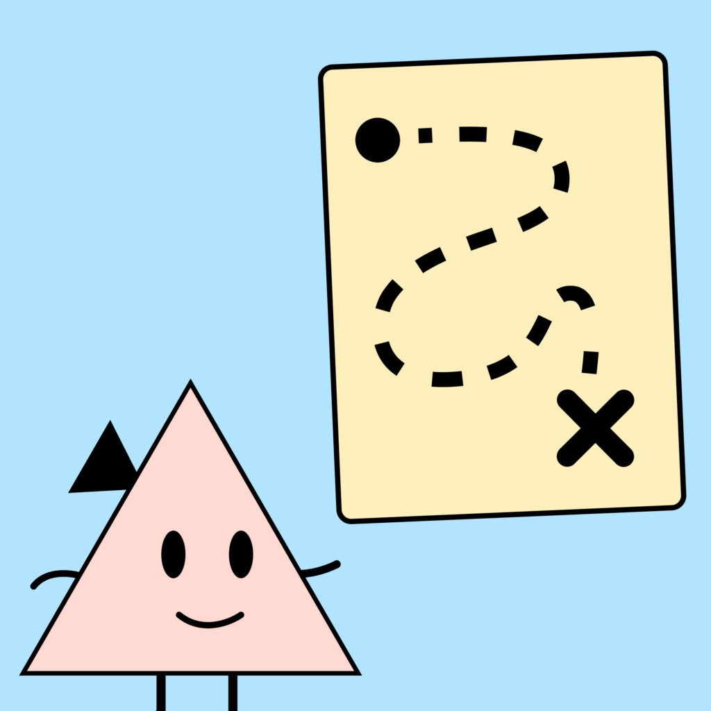 Illustration eines roten Dreiecks mit Hörgerät, daneben eine Schatzkarte, auf der ein verwinkelter Pfad abgebildet ist, der zum Ziel führt