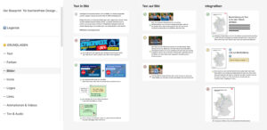 Screenshot eines Ausschnitts aus dem Blueprint. Es sind die Empfehlungen für Bilder zu sehen und die Seitenleiste, auf der die Grundlagen gelistet sind: Farben, Bilder, Texte und so wieter