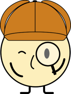 Unser Maskottchen Sam als Sherlock Holmes verkleidet mit einem Hut und einer Lupe!