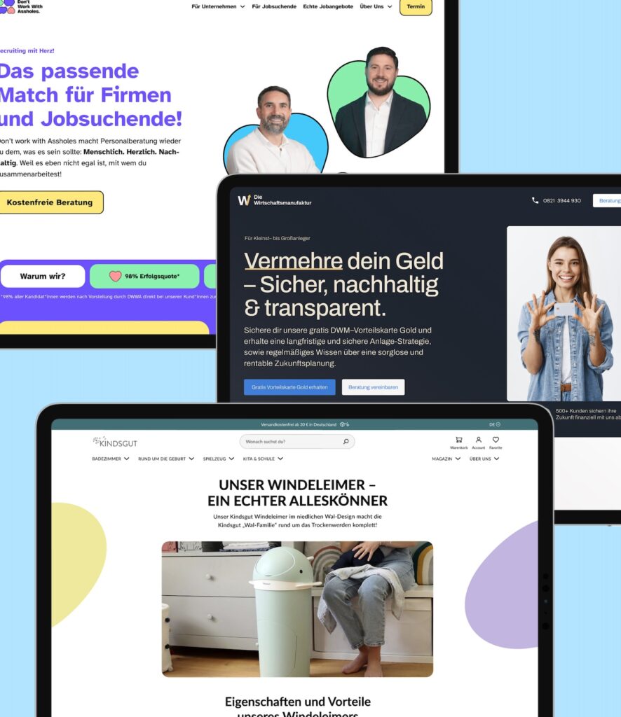 Screenshots von drei Website-Projekten der Gehirngerecht Digital: Kindsgut, Don't work with Assholes und Die Wirtschftsmanufaktur.