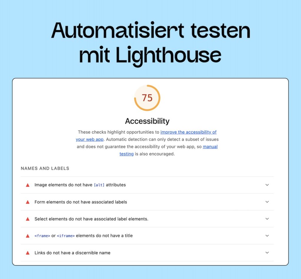 Screenshot von den Testergebnissen von Lighthouse in der Entwicklerkonsole