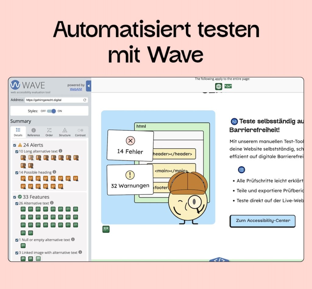 Screenshot von den Testergebnissen der Website WAVe