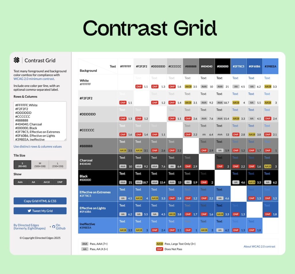Screenshot von der Webseite von Contrast-Grid, auf der mehrere Farben von den Kontrasten her miteinander verglichen werden können.