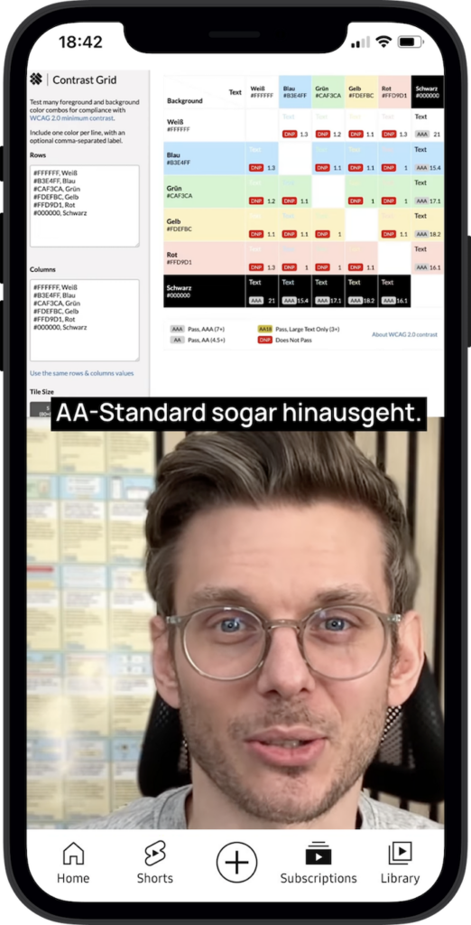 Screenshot eines YouTube-Shorts in dem Tobias über das Tool ContrastGrid spricht.