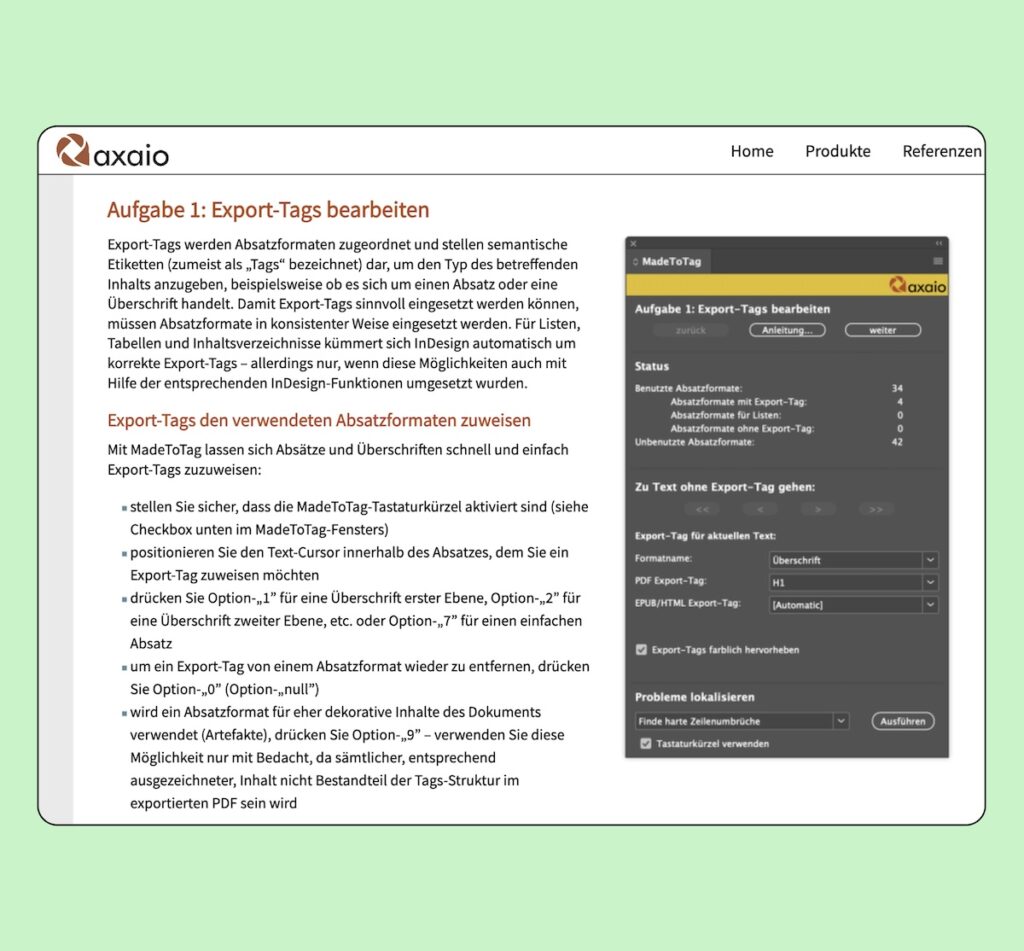 Screenshot der Website von axaio, die erklärt, wie man mit MadeToTag ein PDF taggt.