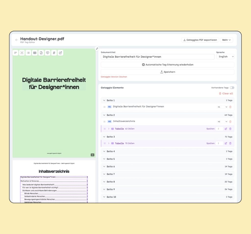 Screenshot von sitebrunch Accessibility. Man sieht, wie man ein PDF taggen kann.