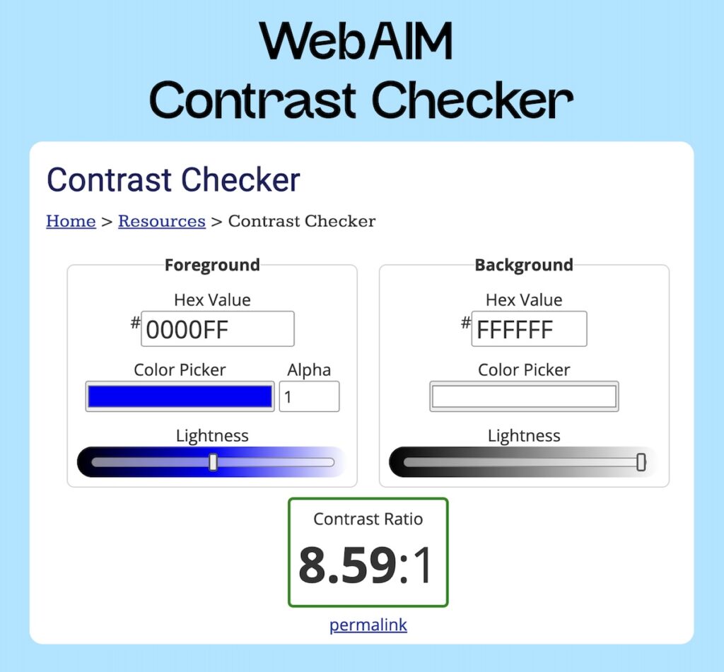 Screenshot vom WebAIM Contrast Checker zum Prüfen von Kontrastverhältnissen