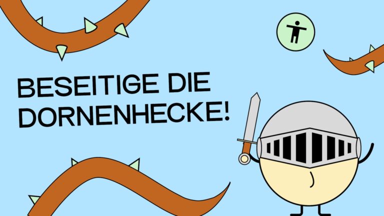 Unsere Figur Sam als Ritterin verkleidet. Dornenbüsche ranken neben ihr!