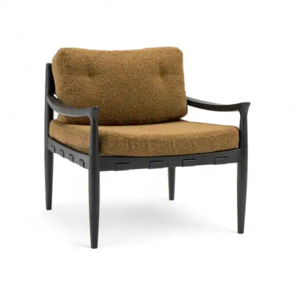 Brown upholstered modern armchair with black wooden frame and sleek design.