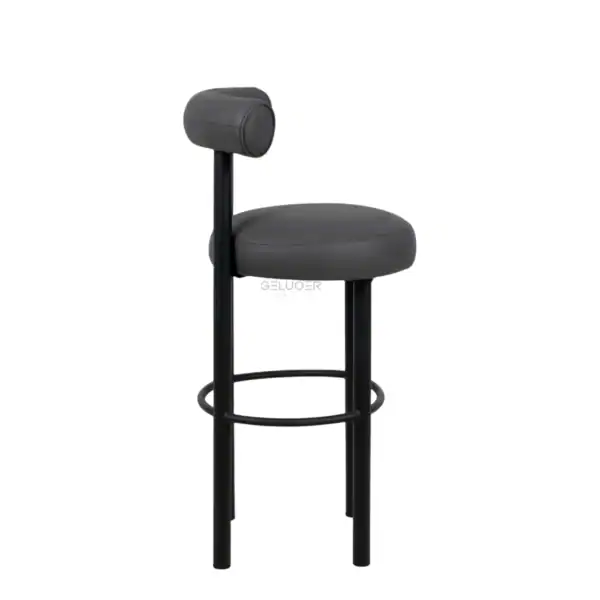 Contemporary black bar stool with cushioned seat and adjustable backrest for modern dining areas.