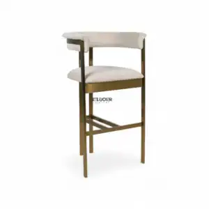 Contemporary modern upholstered bar stool with gold metal frame and comfortable cushioned seat for stylish kitchen or bar area decor.