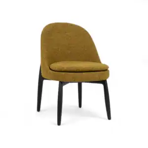 Brown modern upholstered armchair with black wooden legs, stylish furniture for living room decor.