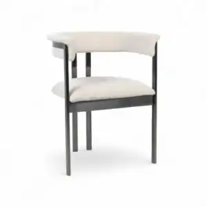 Modern luxury upholstered dining chair with sleek black metal frame and white cushioned seat.
