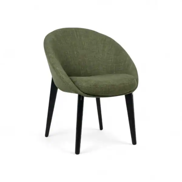 Green upholstered accent chair with wooden legs for modern home decor.