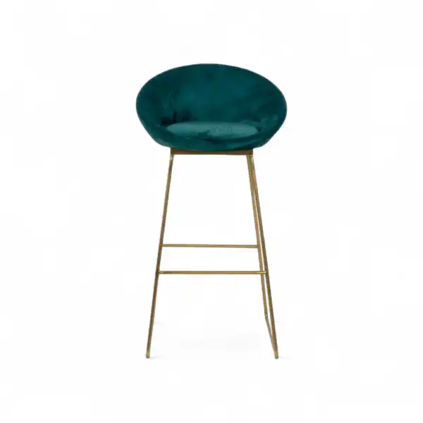 Elegant teal velvet-upholstered bar stool with gold metal frame for modern furniture decor.