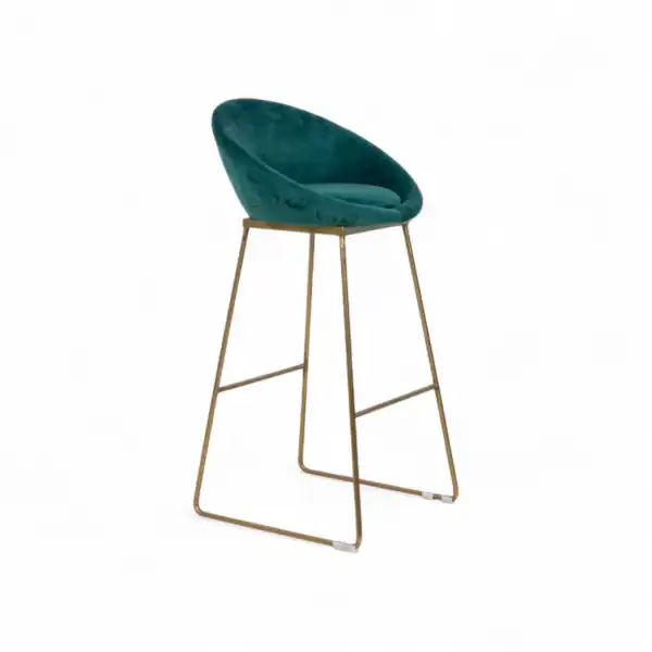 Luxurious emerald green velvet bar stool with gold metal frame for modern home decor.