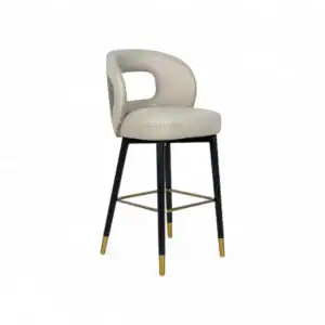 Modern beige upholstered bar stool with black and gold accent legs from Geluoer Furniture.