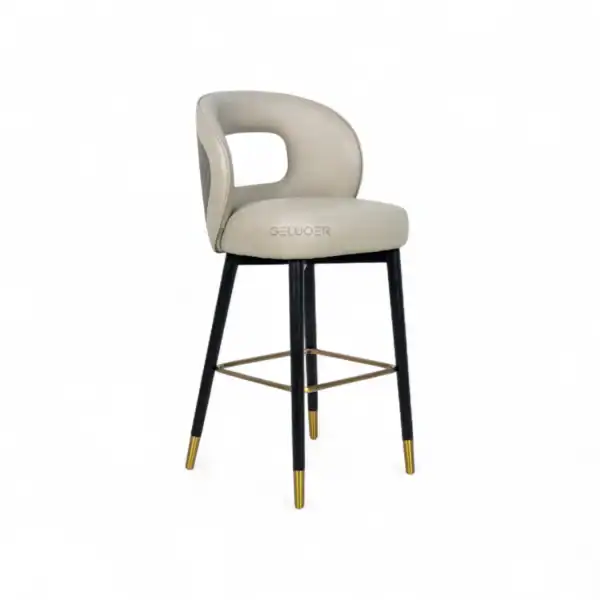 Modern beige upholstered bar stool with black and gold accent legs from Geluoer Furniture.